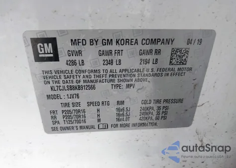 2019 Chevrolet Trax Lt из США, поврежденный, VIN KL7CJLSB8KB912566